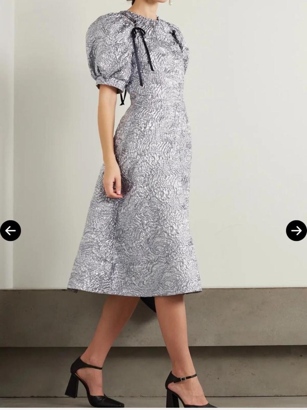 Simone Rocha Silver Metallic Cloqué Bow Cutout Midi Dress $1,845 Fits US 6